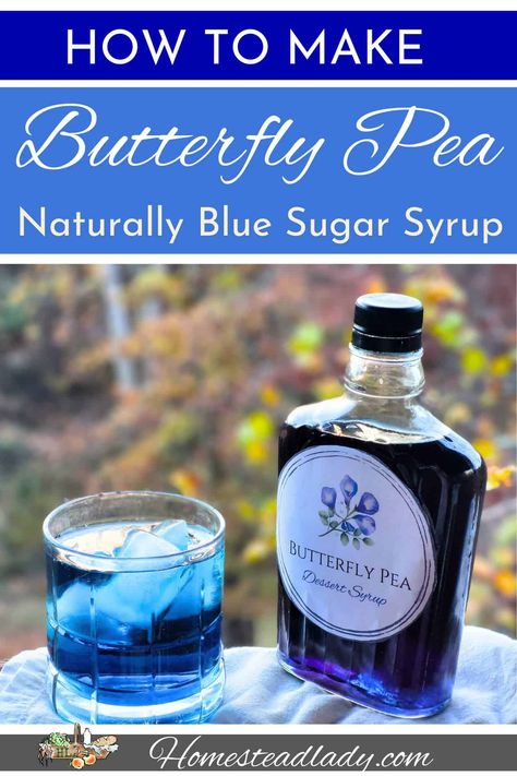 How to Make Butterfly Pea Flower Syrup • Homestead Lady Natural Blue Dye, Flower Syrup, Simple Sugar Syrup, Tea Blends Recipes, How To Make Butterfly, Butterfly Pea Tea, Butterfly Pea Flower Tea, Healthy Dessert Recipes Easy, Liquid Sugar