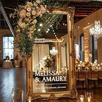 Wedding Diy Fall, Wedding Welcome Sign Mirror Elegant, Glass Wedding Sign Diy, Gold Mirror Signs, Vintage Mirror For Wedding, Aisle Signs Wedding, Wedding Reception Hall Decor, Elegant Neutral Wedding Decor, Mirrored Wedding Signs