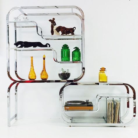 Milo Baughman etagere Chrome Etagere, Industrial Luxe, Thrift Wishlist, Milo Baughman, Barbie Dream, Barbie Dream House, Bookcase Shelves, Room Inspiration Bedroom, Elle Decor