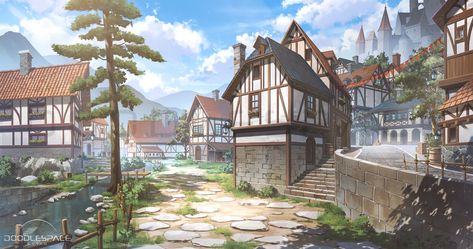 ArtStation - Zenoh Game, A Medieval Village Town (day/night), DOODLE SPACE Medieval Fantasy Town Concept Art, Fantasy Town Art Landscapes, Fantasy Structures, Medieval Landscape, Doodle Space, Anime Locations, Fantasy Backgrounds, Scifi City, Medieval House