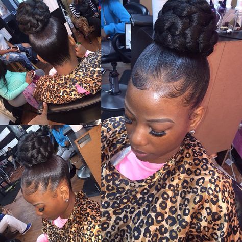 107 Likes, 17 Comments - Shamell (@__brownskinnnnn) on Instagram: “braided bun. 😍💦🔥#THEHAIRBOSSLOUNGE” Gel Ponytail, Packing Gel Hairstyle, Packing Gel, Junior Bridesmaid Hair, Braids Ponytail, Black Hair Updo Hairstyles, Romantic Questions, Hair Done, Natural Hair Updo