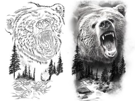 Grizzly Bear Tattoos For Men Forearm, Bear Tattoo Stencil, Shaded Tattoos, Grizzly Bear Tattoos, Shading Practice, Bear Stencil, Gladiolus Tattoo, Nature Tattoo Sleeve, Tattoo Shading