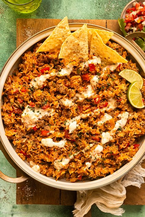 Mexican Beef and Rice Skillet with Queso Cheese: One Pan Hero! - No Spoon Necessary Queso Rice, Mexican Beef And Rice Skillet, Rice With Ground Beef, Beef And Rice Skillet, Queso Cheese Dip, Steak And Rice, Rice Skillet, Mexican Beef, Easy Skillet