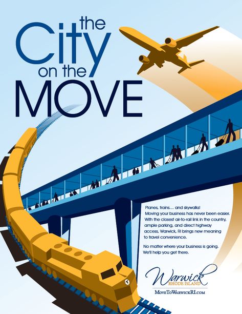 Repetition is successfully demonstrated in this design through use of color, font, and shape. The advertisement consistently uses the color palette of gold/orange and blue in the transportation illustrations. The selected colors and shape placement are successful in moving the eye around the advertisement because you are initially drawn to the large header text, then trace through the train tracks and onto the logo and description. Train Track Illustration, Transport Graphic Design, Economic Development Poster, Text Placement Design, Transportation Graphic Design, Train Graphic Design, Train Advertising, Transportation Illustration, City Advertising