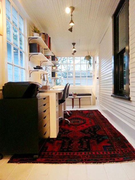 Sunroom Office, White Office Decor, Farmhouse Makeover, Enclosed Porch, Building A Porch, Moody Interiors, Work Office Decor, Tiny Cottage, House With Porch