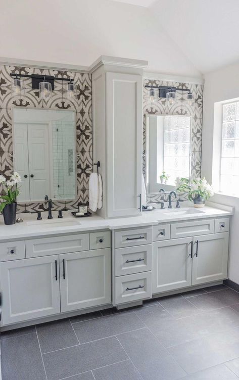 BEFORE AND AFTER - Master bathroom remodel with cement look tile, black faucets and cabinet on top of vanity | Carla Aston, Designer | Charles Behrend, Photographer #cementtile #blackfaucets #doublevanity #bathroomremodel Black Faucets, Cement Look Tile, Bathroom Vanity Designs, Herringbone Backsplash, Bad Inspiration, Master Bath Remodel, Vanity Design, Bathroom Redo, Bathroom Renos