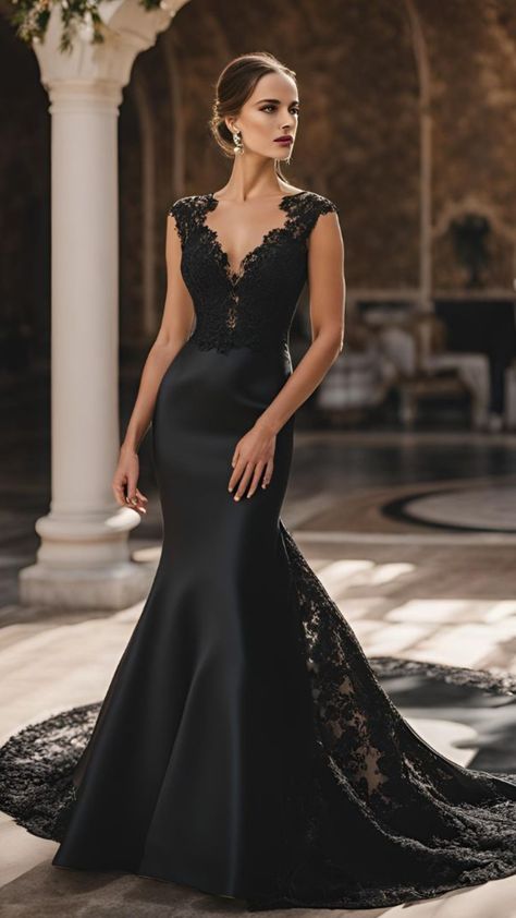 A stunning bride in an elegant black wedding dress, featuring intricate lace and sleek satin, making a bold and stylish statement. Black Lace Mermaid Wedding Dress, Spanish Black Wedding Dress, Fall Wedding Black Dress, Satin Black Wedding Dress, Classy Black Wedding Dress, Black Wedding Dress Tight Fitting, Black Haute Couture Gowns, Black Gala Dresses, Elegant All Black Outfit