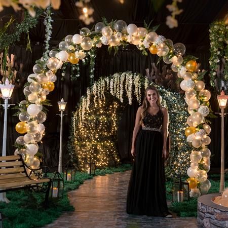 Ballon Arch With Fairy Lights, Enchanted Forest Homecoming, Enchanted Forest Theme Entrance, Enchanted Forest Balloon Backdrop, Enchanted Forest Sweet 16 Night Lights, Enchanted Forest Night Time Photo Backdrop, Enchanted Garden Theme, Large Party Props, Enchanted Forest Centerpieces