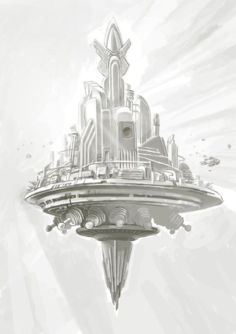 Old initial Gordon Concept by manmonkee on deviantART Futuristic City Utopia, Magazine Layout Inspiration, Sky City, 70s Sci Fi Art, City Sketch, Cloud City, Floating City, Starship Design, Flash Gordon