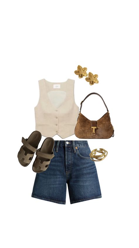 Summer outfit, cream waist coat with dark denim blue shorts, gold flower earrings, shoulder bag and sandals as summer outfit inspiration Waist Coat, Day Outfit, Dream Wardrobe, Summer Outfit, Simple Style, Effortless Style, Outfit Of The Day, What To Wear, Classic Style