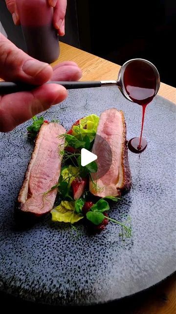 By @shergatt @vestrynyc ... Chef Shaun Hergatt’s remarkable creation: Long Island duck breast paired with the vibrant duo of rhubarb an... | Instagram Duck Plating Fine Dining, Duck Breast Fine Dining, Grilled Duck Breast Recipes, Duck Fine Dining, Duck Breast Recipes Fine Dining, Duck Plating, Meat Plating, Duck Breast Recipes, Duck Confit Salad