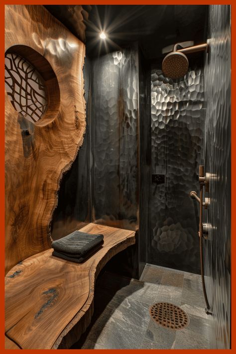 Discover the beauty of walk-in showers in small bathrooms Rock Showers Walk In, Stone Walk In Shower Ideas, Cave Shower Walk In, Dark Shower Room, Open Shower Ideas Walk In, Walk Through Showers, Shower Small Bathroom Ideas, Walk In Shower Small Bathroom, Doorless Showers Walk In