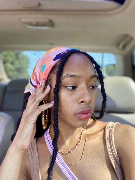 Faux Locs, natural hairstyles, black girl, style, distress locs Dreads With Scarf, Pink Headscarf, Loc Goddess, Caribbean Outfits, Braided Scarf, Locs Hairstyles, Faux Locs, Natural Hairstyles, Design Living