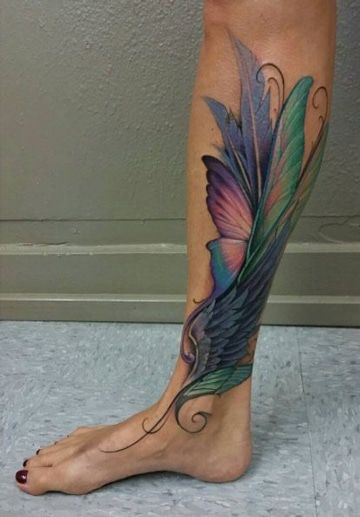 Gorgeous colors! Tattoo Calf, Beautiful Tattoo Designs, Peacock Tattoo, Anklet Tattoos, Muster Tattoos, Beautiful Tattoo, Calf Tattoo, Wings Tattoo, Up Tattoos