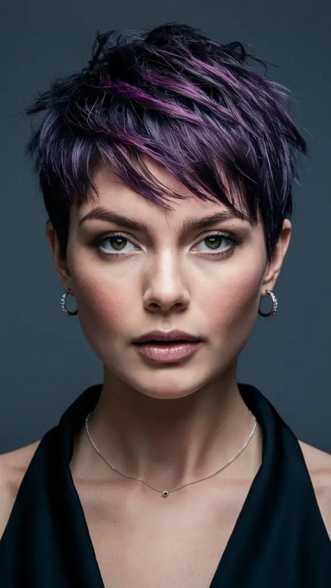 25 Stunning Dark Plum Hair Color Ideas for 2024: From Highlights to Bold Transformations Plum Pixie Hair, Short Dark Red Hair Burgundy, Short Plum Hair, Dark Plum Hair Color, Plum Hair Color Ideas, Dark Plum Hair, Purple Pixie Cut, Plum Hair Color, Purple Black Hair