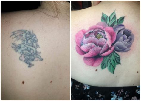 Cover up tattoo. Peony tattoo. Floral tattoo. Color tattoo. Before and after cover up tattoo. Larry Lockwood @ Ink Addiction Valdosta. Peony Tattoo Cover Up, Cover Up Tattoos Before And After, Flower Cover Up Tattoos, Purple Peonies, Peonies Tattoo, Cover Up Tattoo, Up Tattoos, Tattoo Cover-up, Cover Up Tattoos