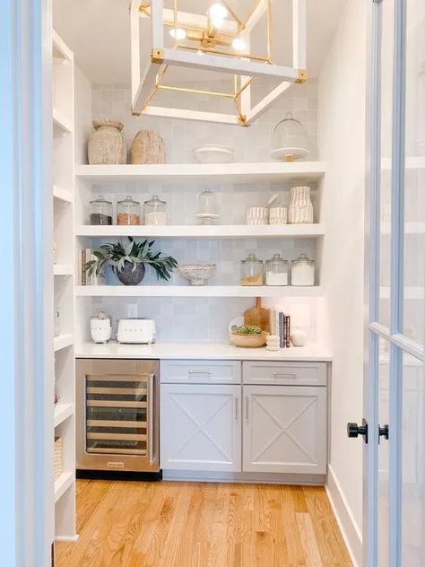 Discover 9 practical tips to transform your walk-in pantry into a well-organized and efficient space. Categorize items, invest in storage containers, utilize vertical space, label everything, and more. Start organizing your pantry today and enjoy the benefits of a clutter-free kitchen. Pantry Countertop Open Shelving, Visible Pantry Ideas, Walk In Pantry With Wine Fridge, Coastal Pantry Ideas, Butlers Pantry Under Stairs, Open Walk In Pantry, Wine Fridge In Pantry, Butler Pantry Must Haves, Butlers Pantry Diy