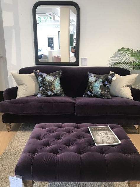 This stunning purple sofa was nestled in next to the bar - Snowdrop sofa in Plum velvet #melaniejadedesign #sofadotcom #sofa #purplevelvetsofa Plum Sofa Living Room Ideas, Purple Sofa Living Room Ideas, Plum Living Room Ideas, Indigo Office, Plum Living Rooms, Sofa Color Ideas, Plum Sofa, Plum Living Room, Sofa Design Ideas