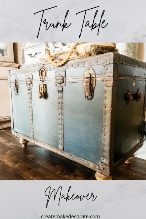 Trunk Chest Makeover, Old Trunk Redo Diy, Metal Trunks Makeover, Painting A Trunk Chest, Storage Trunk Makeover, Diy Old Trunk Makeover, Steamer Trunk Makeover Ideas, Steam Trunk Makeover, Diy Trunk Makeover