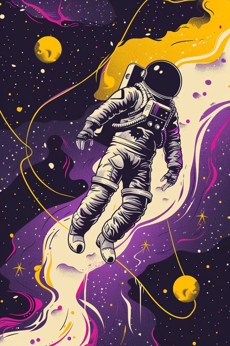 #Cartoon #Space #Yellow #White #Purple #BlackBackground Space Art Background, Space Comic Art, Spaceman Wallpaper, Space Themed Office, Space Scene, Astronaut In Space, Cartoon Space, Space Vibes, Space Cartoon