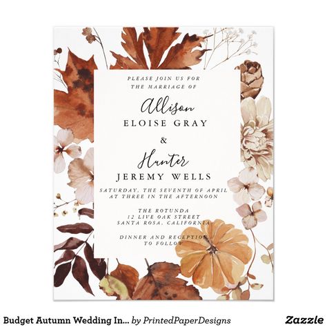 Budget Autumn Wedding Invitation Flyer Wedding Invitation Flyer, Autumn Invitations, Frame Flower, Budget Wedding Invitations, Invitation Flyer, Wedding Themes Fall, Fall Wedding Invitations, Invitation Wedding, October Wedding