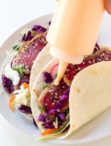 seared-ahi-tuna-tacos Ahi Tuna Tacos, Miso Marinade, Ahi Tuna Recipe, Fish Taco Recipe, Tuna Tacos, Tuna Steak Recipes, Taco Taco, Seared Ahi, Seared Tuna