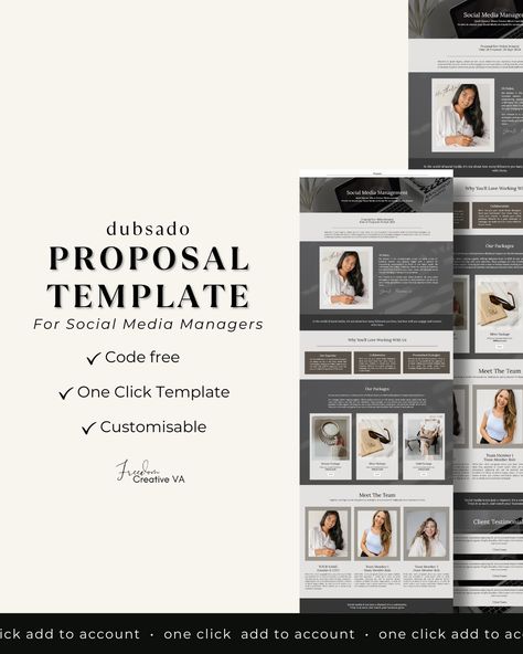 Struggling to create proposals that actually convert? As a Social Media Manager, you've got enough on your plate without spending hours on paperwork. 😩 Imagine sending out a proposal that’s not only beautifully designed but also handles the heavy lifting for you... seamlessly walking your potential clients through your services and making it super easy for them to say YES. 🙌 ✨ With this Dubsado Proposal Template, you can customise it in minutes (no coding needed!), add your services, brandi... Proposal Template, Heavy Lifting, Proposal Templates, Meet The Team, Say Yes, Social Media Manager, Super Easy, Handles, Walking