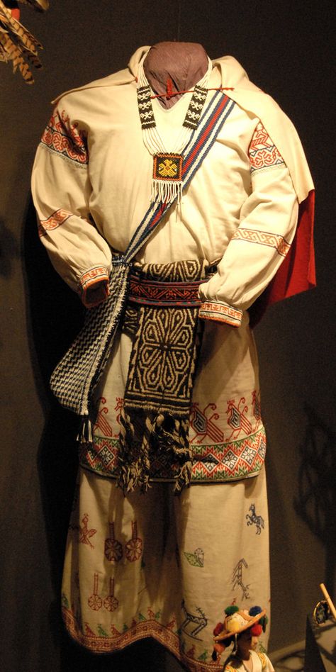 This clothing would be worn by a Wixarika (Huichol) man from NW Mexico. Displayed at the Museo de Arte Popular, Mexico City Mexico Mexican Poncho Outfit, Fashion In Mexico, Mexican Theme Party Outfit, Hispanic Clothing, Mexican Traditional Clothing, Mexican Men, Mexican Fashion, Mexico Culture, Mexican Outfit