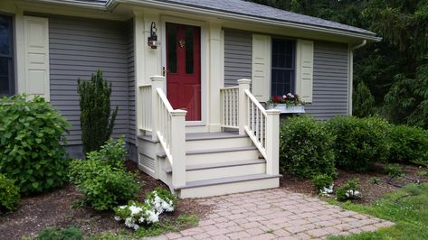 Front steps before and after repairs – Gordon Harris Porch Steps With Landing, Porch Steps With Railing, Steps With Railing, Porch Steps Ideas, Pvc Trim Boards, Door Stairs, Front Porch Stairs, Front Porch Steps, Porch Stairs