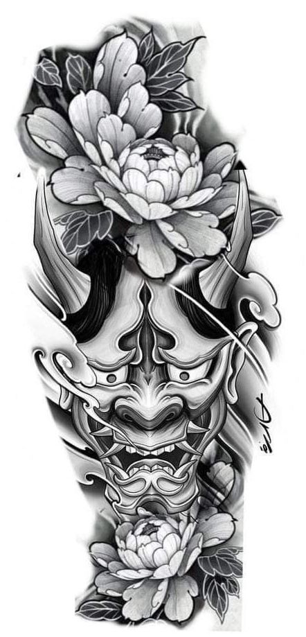 Japanese Flower Tattoo Design For Men, Japanese Koi Tattoo Design, Japanese Tattoo Art Leg, Arm Japanese Tattoo, Blackwork Japanese Tattoo, Hannya Maske Tattoo, Tato Geisha, Tattoo Bicep, Tato Phoenix