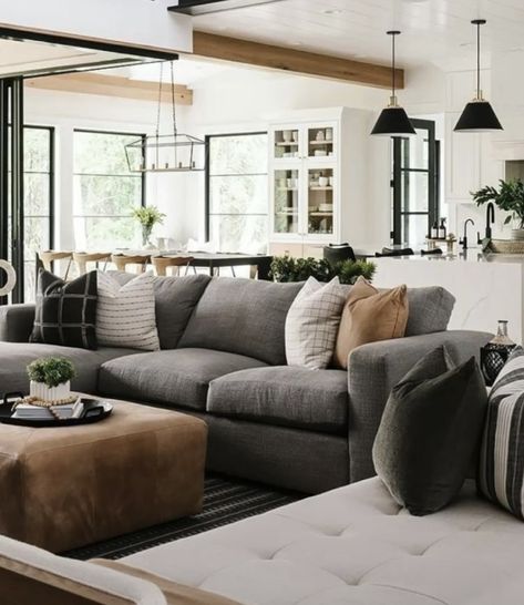 Family Room With Charcoal Sectional, Gray Sectional Couch Living Room Ideas, Black And White Kitchen Living Room, Dark Neutral Living Room Cozy, Pewter Couch Living Rooms, Gray Couch Family Room, Masculine Coastal Decor, Farmhouse Living Room Dark Couch, Living Room With Dark Gray Couch