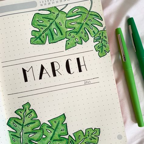 March Bujo Cover Page, March Scrapbook Ideas, March Reading Journal, Boulet Journal March, March Journal Ideas, March Calendar Ideas, March Font, Bullet Journal Leaves, March Scrapbook