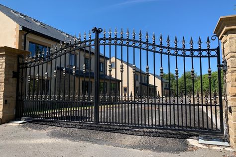 Hamilton Wrought Iron Gates | Driveway Gate | Estate Gates UK Iron Gates Design, Wrought Iron Gates Driveway, Iron Gates Driveway, Wooden Driveway Gates, Custom Iron Gates, Gates Driveway, Wooden Gates Driveway, Estate Gates, Gates And Railings