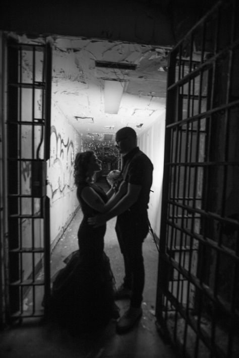 Surprise vow renewal for my husband. I always wanted to wear a black dress for my wedding. My husband had no idea that we would be reading vows at the Old Joliet Prison and taking romantic wedding photos. Needless to say, he was extremely surprised and we both love the photos. Prison Wedding, Prison Love, Surprise Vow Renewal, Joliet Prison, Prison Wife, Black Wedding Dress, Romantic Wedding Photos, Black Wedding Dresses, Vow Renewal