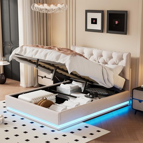 PRICES MAY VARY. [Hydraulic Storage System]The hydraulic storage system underneath the mattress is perfect for you to store quilts, bed sheets and other necessities. Functional and aesthetic, this platform bed will enhance any bedroom. [Modern LED Light Design]Platform bed frame is equipped with latest RGB light bars.It includes 16 colors of LED lights and 4 lighting patterns. Colorful lights make your life colorful, you can change lights by remote control at ease. [Leisure and Slouchy Style]Thi Bed With Hydraulic Storage, Full Size Upholstered Bed, Queen Size Storage Bed, Led Beds, Bed With Led Lights, Led Bed Frame, Bed Platform, Button Tufted Headboard, Full Platform Bed