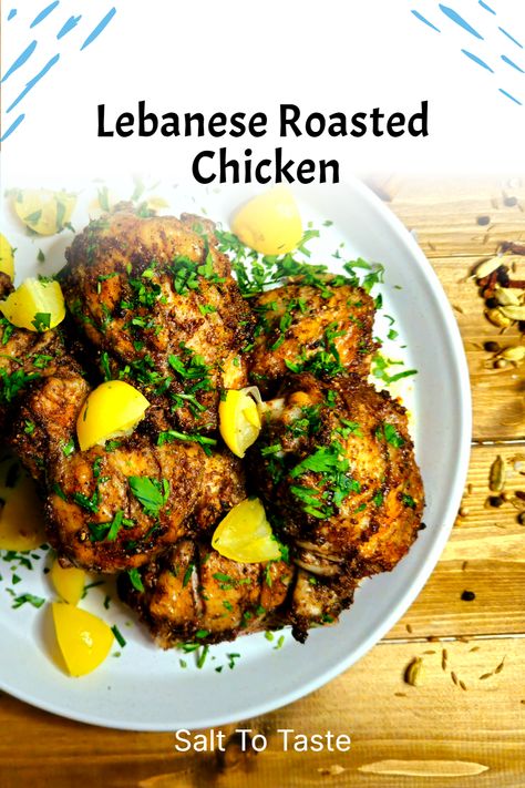 These Lebanese Roasted Chicken Thighs use a Baharat to make a perfect weeknight winner. Serve this roasted chicken recipe with a Fattoush salad, tabbouleh, and some warm middle eastern flatbreads. Middle Eastern Meat Recipes, Middle East Chicken Recipes, Chicken Middle Eastern Recipes, Middle Eastern Bbq Recipes, Lebanese Chicken Recipes, Baharat Chicken, Lebanese Baked Chicken, 1 Pot Meals, Arabic Chicken Recipes