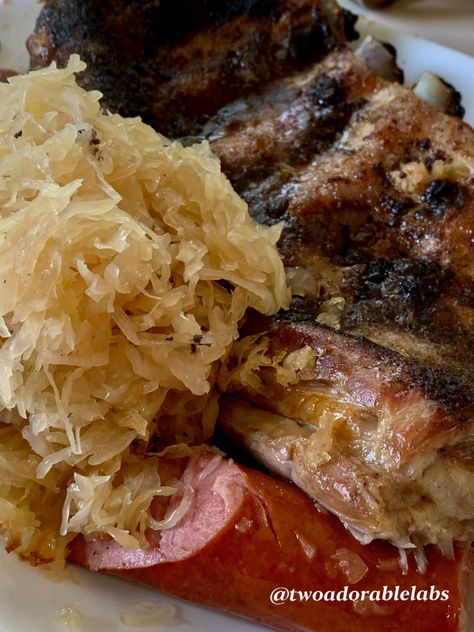 Sauerkraut, Spare Ribs, and Kielbasa Sauerkraut And Ribs Recipe, Ribs And Sauerkraut, Pork Roast And Sauerkraut, Pork Spare Ribs Recipe, Spareribs Recipe, Kielbasa Recipes, Pork Spare Ribs, Baked Ribs, Sauerkraut Recipes