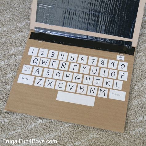 Literacy Learning with a Cardboard Laptop - Frugal Fun For Boys and Girls Laptop Craft, Diy Cardboard Learning Activities, Cardboard Laptop, Computer Parts For Kids, Computer Activities For Kids, Preschool Technology, Computer Science Lessons, Cardboard Crafts Kids, Kids Computer