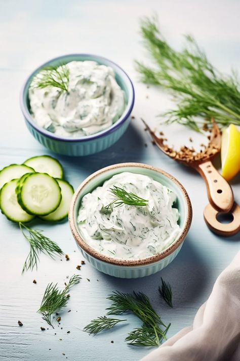 Greek Tzatziki with Cucumber and Dill - Cooking Mediterranean Greek Tzatziki Recipe, Cucumber Ribbons, Greek Tzatziki, Healthy Dip Recipes, Tzatziki Recipe, Mezze Platter, Healthy Dip, Eat Greek, Vegan Tzatziki