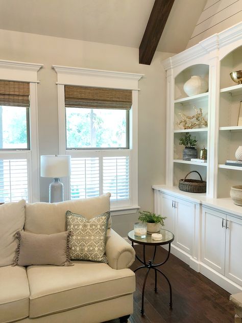 Enhancing Our Home With Cafe Shutters Shutters Exterior Brick House, Shutters Exterior Brick, Farmhouse Window Treatments Living Room, Window Treatments Living Room Farmhouse, Interior Shutters Living Room, Shutters Interior Window, Shutter Window Treatments, Cafe Shutters, Living Room Shutters