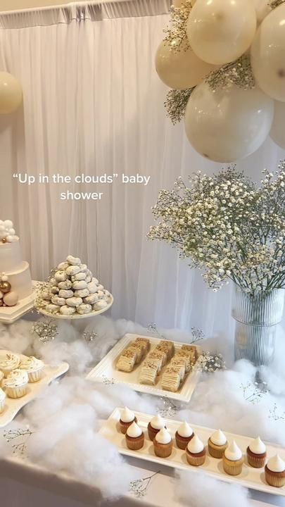 Ashley Mercado on TikTok Cloud Nine Dessert Table, Baby Shower Heaven Sent Theme, Cloud Nine Gender Reveal, Baby Shower On Cloud 9, Heaven Party Theme, Clouds Theme Party, Cloud Baby Shower Cake, Cloud Themed Baby Shower Ideas, Cloud Baby Shower Theme