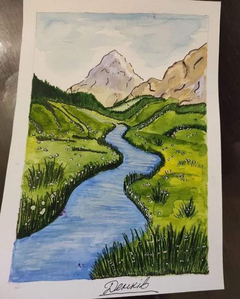 Nature Drawing With Watercolors, Natural Drawing Watercolor, Nature Drawing Watercolor Easy, Cute Nature Drawings Simple, Simple Nature Drawings Color, Landscapes To Draw Easy, Easy Drawing Of Nature, Landscape Ideas Drawing Easy, Easy Drawing Nature