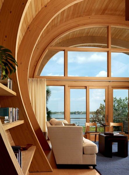 modern-house-design-curved-wood-beams (2) Quonset Hut, Timber Architecture, Timber Beams, Curved Wood, Bay House, Forest House, Organic Design, Wood Beams, Wooden House