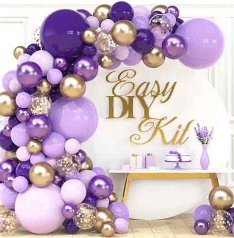 Lilac Party Decorations, Lilac Party, Gold Balloon Arch, Black And White Balloons, Gold Birthday Decorations, Blowing Up Balloons, Purple Pastel, Pastel Balloons, Purple Balloons