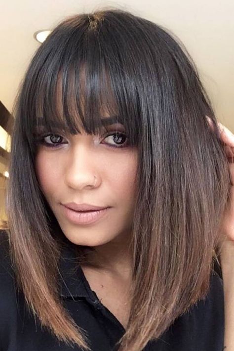 Straight Medium Length Hairstyles With Wispy Bangs #mediumlengthhairstyles #hairstyles #longbob #bangs ❤ No matter how you style medium hairstyles with bangs, they will always look stunning! Bear this thought in mind when you visit your stylist next time! #lovehairstyles #hair #hairstyles #haircuts Thick Bangs Straight Hair, Classic Bob Haircut With Bangs, Haircut For Thick Hair With Bangs, Angle Bob With Bangs, Shoulder Length Bobs With Bangs, Long Angled Bob With Bangs, Long Bob Hairstyles With Fringe, Long Dark Brown Hair With Bangs, Long Bob With Bangs Fine Hair