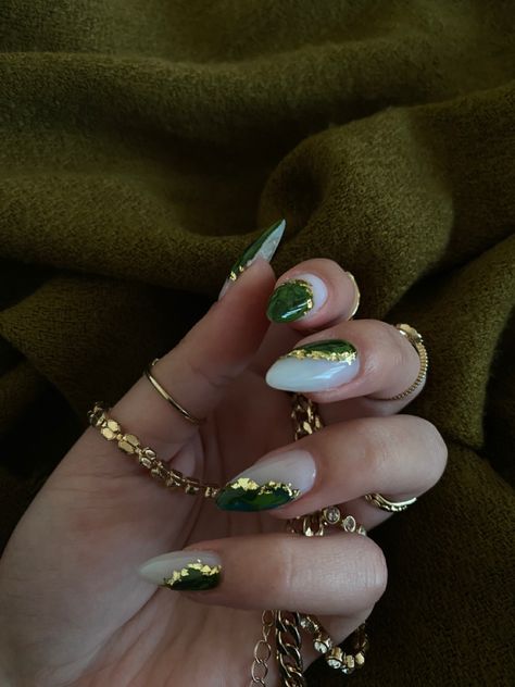 White And Green Nails With Designs, Dark Green And White Nails Acrylic, Boho Nails Green, Gold Leaf Nails Green, Green And Gold Coffin Acrylic Nails, Green Gold Almond Nails, Emerald Green Acrylic Nails Almond, Good And Green Nails, Tog Inspired Nails