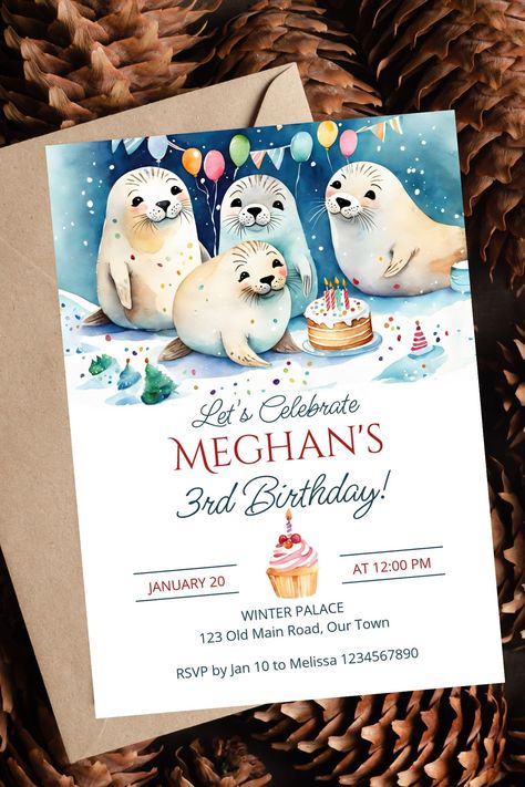 Arctic seal winter birthday party editable template invitation digital download cute baby seals cake Polar Birthday Party, Seal Birthday Party, Birthday Cake Winter, Cake Winter Wonderland, Snow Birthday Party, Arctic Seal, Wonderland Party Invitations, Cake Winter, Winter Birthday Party