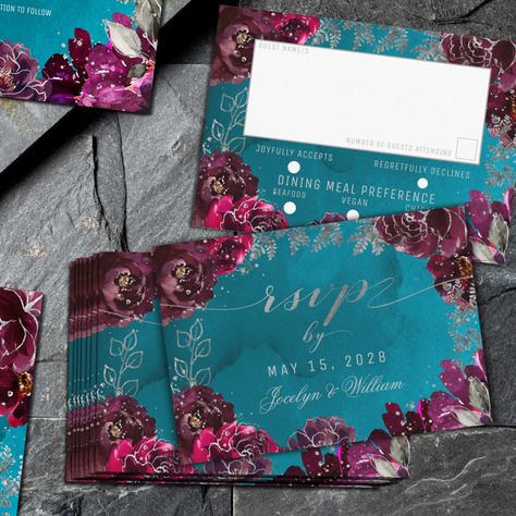 Blue Jewel Tone Wedding, Jewel Tone Wedding Invitations, Raspberry Wedding, Jewel Tone Wedding, Enclosure Cards, Jewel Tones, Merlot, Wedding Theme, Rsvp Card