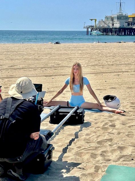 Actress in front of camera, doing the middle splits, Santa Monica beach Behind The Scenes Aesthetic, Aesthetic Behind The Scenes, Model Aesthetic, Plan A, Santa Monica, Behind The Scenes, Brooklyn, Acting, Interview