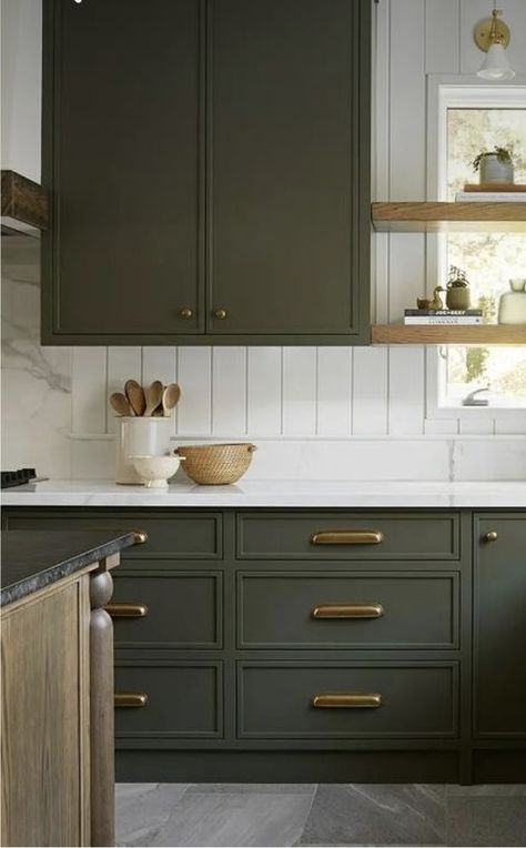 Olive Green Painted Kitchen Cabinets, Green Cabinets With Quartz Countertops, Dark Olive Cabinets, Dark Olive Green Kitchen Cabinets, Bm Dark Olive Cabinets, Ripe Olive Kitchen Cabinets, Green Cabinets Soapstone Counter, Dark Olive Kitchen Cabinets, Paint Kitchen Cabinets Green